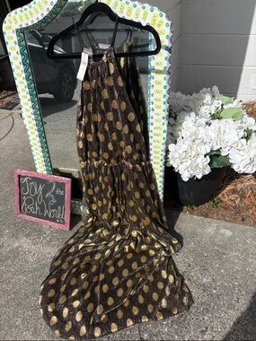 NWT Sleeveless Halter midi Dress with metallic Gold Polka Dots
